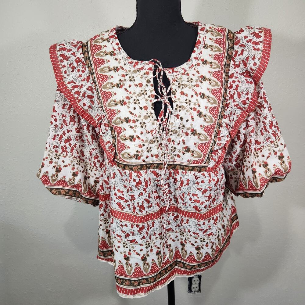 Cottagecore Boho Womens LG Top Puff Sleeve Quilted Ruffled Peasant Red Prairie